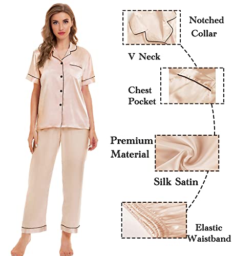 Image of SWOMOG Womens Silk Satin Pajamas Sets 4pcs Sleepwear Sexy Cami Shorts Set and Button Down Short Sleeve Pjs Loungewear