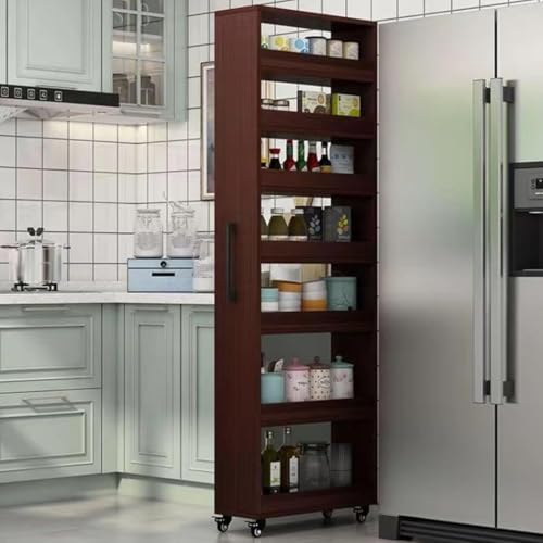 YVYKFZD Carrito de Almacenamiento Delgado de 7 Niveles, Carro de Cocina, Carrito Auxiliar de Madera con Ruedas, Carro de Almacenamiento Estrecho, Carritos Organizado(Dark Walnut,5.9'x21.6'x74.8')