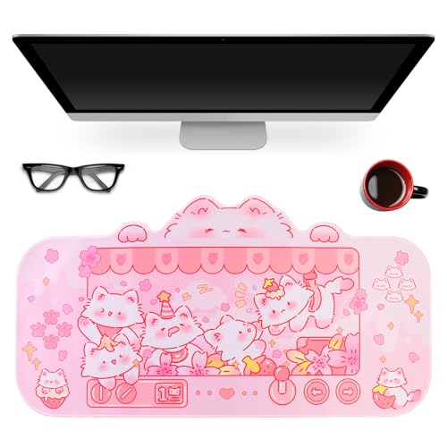 PERFECTSIGHT Cute Cat Desk Pad Kawaii Kitty Claw Machine Desk Mat, Pink Switch Large Gaming Mouse Pad, Funny Deskmat Mousepad, Anime Laptop Keyboard Pad Office Home Decor for Women Girls, Coral