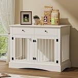 The Fellie Wooden Dog Crates with 2 Large Drawer Storage, Indoor Wooden Pet Kennel with Double Door, Large Dogs Crate Furniture for Dogs, Lockable Decorative Pet House, End Table, 113x60x87.5cm, White
