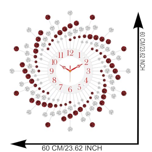 Image of CHRONIKLE Beautiful Crystal Analog Floral Design Round Diamond Studded Metal Wall Clock for Living Room Home Decorations Office Gifts (Size: 60 x 5 x 60 CM | Color: Red & White | Weight: 1460 Gram)