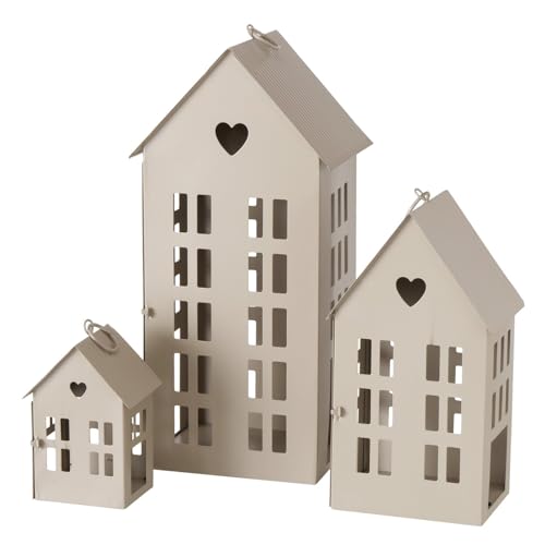 mucHome Dekorative Windlicht-Häuser 3er Set Kerzenhalter aus Metall Laterne Dekokerze Dekoration Häusermotive Windlichter Teelichthalter (Beige)