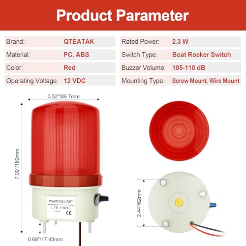 Image of Industrial LED Rotating Strobe Warning Light, 12 VDC Sound & Light Alarm with Knob and Switch, 105-110 dB Volume Adjustable, Red Emergency Alarm Light for Indoor /Outdoor Use