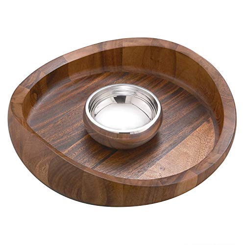 Hot Deals Nambe Butterfly Curved Acacia Wood Chip and Dip Bowl 16" with Inner Nambe Alloy Metal Dip Bowl 5.5"