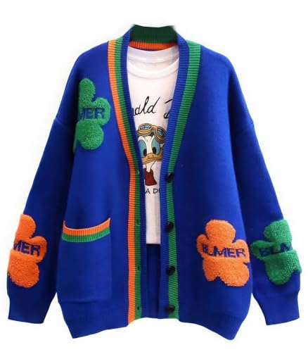 Image of ebossy Women's Cute Daisy Floral Embroidery Cable Knit Cardigan Slouchy Button Down Jacquard Sweater