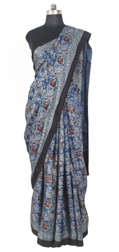 Image of Ethnics of Kutch Womenss Ajrakh Modal Silk Natural Dye Hand Block Print Saree with Blouse Piece - 5.5 Mtr Length