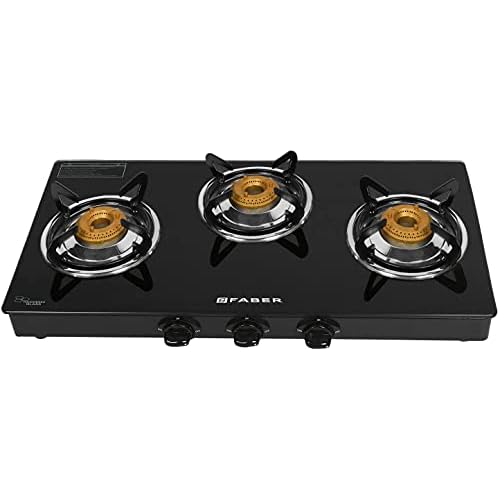 Faber Model: Hob Cooktop Shine 300 CT Gas Stove 3 Burner Glass Cooktop (Cooktop Shine 300 CT) Manual Ignition, Black, Medium