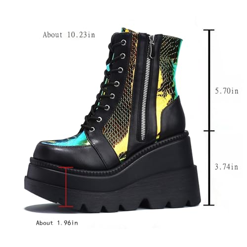 Holographic Platform Gothic Ankle Boots for Womem Combat Boots Lace Up Chunky Heel Wedge Booties Side Zip Punk Boots2