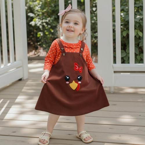 3-7T Toddler Thanksgiving Outfit Girl Long Sleeve Ruffles Shirts and Turkey Suspender Skirt Girls Fall Dress4