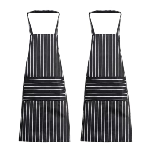 TUONYIS 2 Piezas Delantal,Delantal de Chef,Delantal Ajustable a Rayas Blancas y Negras con Bolsillos,Delantal Ajustable de Cocina para Hombres Mujeres Hogar Cocina Restaurante (Negro)
