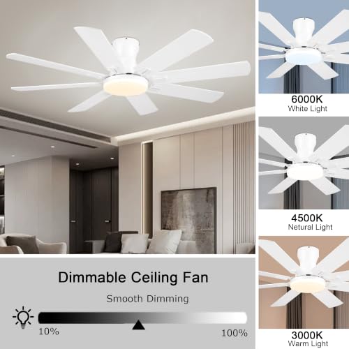 Image of JSAITEE Ceiling Fans with Lights, 52 Inch Low Profile Ceiling Fan,White | Ceiling FanCeiling with Light Flush Mount, DC Reversible Motor, Noiseless, White 6 Speeds Ceiling Fan for Bedroom