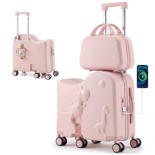 Oakvera Cute Dinosaur Ride-On Luggage Set for Kids 20 Carry-On Suitcase with 12 Portable Bag Hardshell Kids Luggage with USB & Type-C Port Cup Holder Foldable Footrest 6 Spinner Wheels Pink