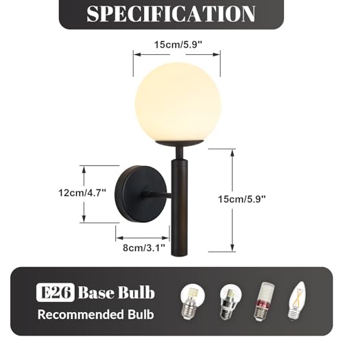 Image of KCO Lighting Black Wall Sconces Set of 2 Modern Globe Wall Sconce Milk Glass Wall Light Farmhouse Mid Century Wall Sconce Bathroom Wall Light Fixture Over Mirror
