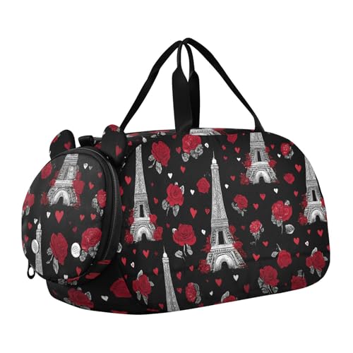 Duffle Bag for Boys or Girls with Shoes Compartment, Eiffel Tower Rose Sports Travel Bag Overnight