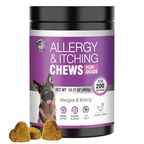Dog Allergy Chews 200PCs Dog Allergy and Itching Skin Relief Anti Itch Aller Immune Bites for Dogs Itching licking Paws Treatment Relief Itchy Allergy Probiotics Vitamins for Skin and Coat Allergies