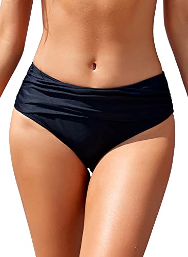 Image of SHEKINI Women's Swimsuit Hipster Bikini Bottoms Full Coverage Ruched High Waisted Swim Bottoms
