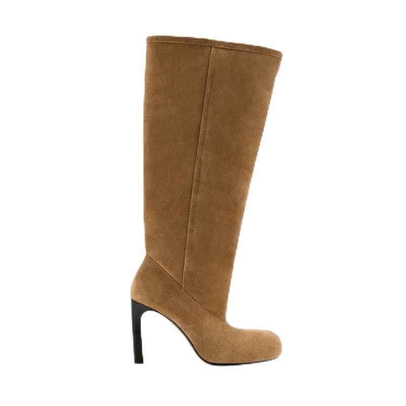 Knee High Boots for Women Faux Suede Wide Calf Round Toe Stiletto High Heels Long Boots Pull on