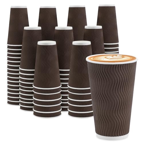 Clawsoff 16 oz Coffee Cups Disposable, 90 Count Insulated Paper Coffee Cups, Corrugated Ripple Wall Design Paper Cup, Hot Cold Drinking Cup for Party, Picnic, Travel, Business, Home