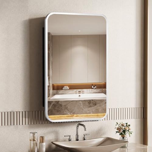 Image of ACEMIRO 16x24 Inch Medicine Cabinet with Mirror Brushed Silver Metal Framed Recessed Bathroom Mirror Medicine Cabinet Wall Mounted