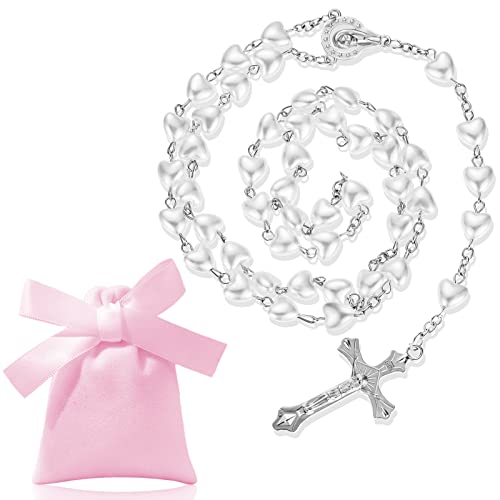 Otuuz Colar católico de contas de rosário de vidro de metal prateado colar longo religioso de oração sagrada com pendente de crucifixo medalha cruz e bolsa de cordão de veludo, aprox. 6 mm, zinco e