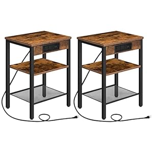 HOOBRO End Tables Set of 2 with Charging Station and USB Ports, 3-Tier Nightstands with Adjustable Shelf, Small Side Tables for Small Space in Living Room, Bedroom, Rustic Brown BF112BZP201