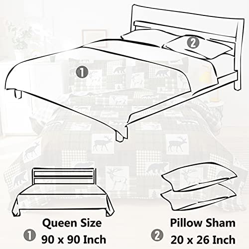 3 Piece Moose Reversible Print Quilt Set Full/Queen,Rustic Home Lodge Pine Tree Bear Paw Plaid Stripe Quilted Bedspread Coverlet Bedding Set Black Bear for All Season(Full/Queen,Green) - Thumbnail 7