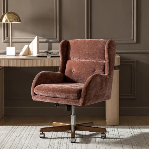 Image of HULALA HOME Modern Swivel Office Chair with Solid Wood Base, Rust | 360 Swivel Executive Task Chair with Button-Tufted, Adjustable Height Wingback Desk Chair, Wide Seat Computer Chair for Home