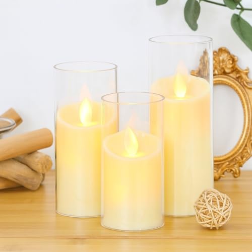 MOMENT Flameless LED Candles Set of 3 Acrylic Glass Pillar Candle Light 10/12.5/15 cm Battery Operated Flickering Fake Candle for Ramadan Wedding Festival Restaurant Party Home Table Decor (White)