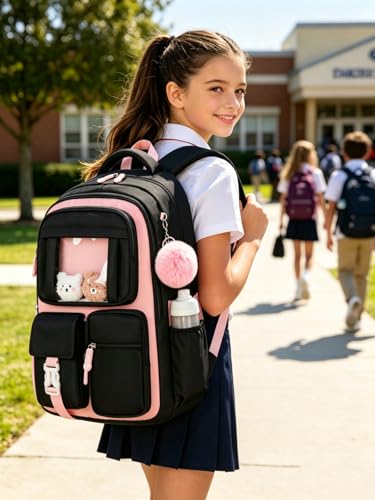 Image of Kids Backpack for Girls Girls Backpack for School | 17inch pink Backpack with Lunch Bag Pencil Case School Backpack for Elementary Preschool Middle School