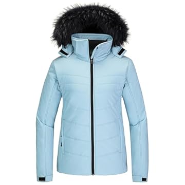 Skieer Jaqueta feminina impermeável para esqui, quente, casaco acolchoado com capuz grosso, Azul, M