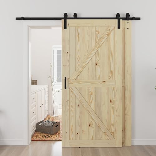 SMARTSTANDARD Double 42x84 Bypass Barn Door with 7FT Track Hardware Kit Included Unfinished Solid Wood DIY Support A Simple Assembly is Required