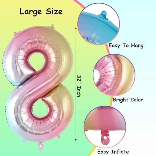 Image of Rozi Decoration Shiny Rainbow Number 8 Foil Balloon 32 Inch - Large Gradient Metallic Birthday Balloon for Kids & Adults | Easy to Inflate, Durable & Reusable Party Decoration Pack of 1 Pcs