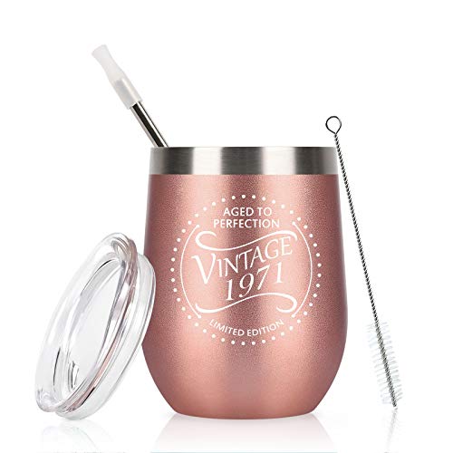 1971 50th Birthday Gifts for Women Vintage 1971 50 Year Old Presents for Women Wine Tumbler, 12 Oz Insulated Stainless Steel Wine Tumbler with Lid for Party Anniversary Reunion Decorations, Rose Gold