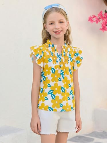Image of Haloumoning Girls Ruffle Short Sleeve Floral Chiffon Blouses Kids Summer Shirts Tops 5-14 Years