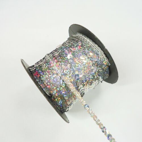 100 Yards Single Row Sequins Trim 5mm Wide for Sewing, Arts and Crafts AB Silver Fabric