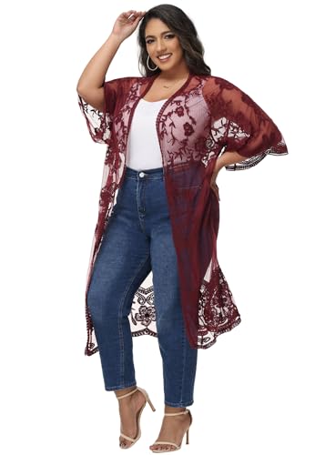 Image of Anna-Kaci Women's Plus Size Lace Cardigan Embroidered Long Kimono Dusters with Half Sleeves