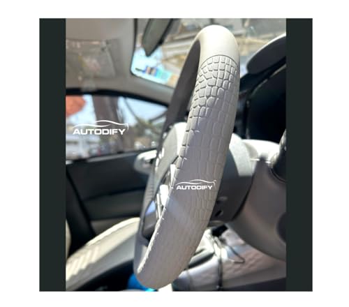 Image of Grey Leather Steering Wheel Cover Universal Fit, Anti-Slip, Breathable, Comfortable Grip, Durable & Stylish for Cars Easy Install, Long-Lasting Protection,Non-SlipDesign.