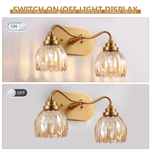 Image of Vintage Gold 2-Light Vanity Lights, Tulip Crystal, Antique Brass Finish | Brushed Gold Bathroom Light Fixtures, Amber Wall Sconce Ideal for Bedroom, Living Room, E26 Compatible, Easy Install
