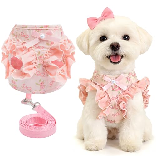 ABRRLO Small Dog Harness and Leash Set Soft Breathable Mesh No Pull Puppy Harness with Bowknot Adjustable Cute Pink Dog Vest Harnesses for Small Dogs Cats Girl Pet Harness for Walking Outdoor(Pink,M)