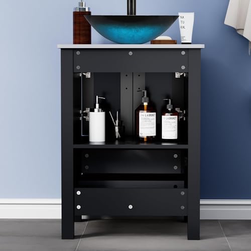 U-Eway 24 Inch Black Bathroom Vanity Square Tempered Glass Vessel Sink Combo 1.5 GPM Faucet Oil Rubbed Bronze Bathroom Vanity Top with Sink Bowl, 20-inch Deep and 30% Water Saving - Thumbnail 4