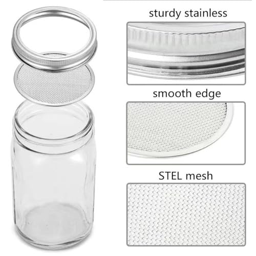 QiMan 1000 Ml Sprossen Anzuchtset, Sprossenglas Petrischalen zum Keimen, Enthält 1 Filterflaschendeckel aus Edelstahl 304, 1 Verstellbaren Halterung, 1Teller.