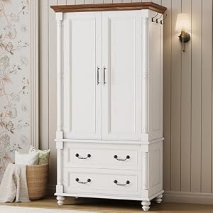 LIKIMIO Farmhouse Armoire Wardrobe Closet with 2 Doors and 2 Drawers, 70″ H x 36″ W, Large Bedroom Armoire with Roman Column and 3 Hanging Hooks, Wooden Freestanding Closet Cabinet, White