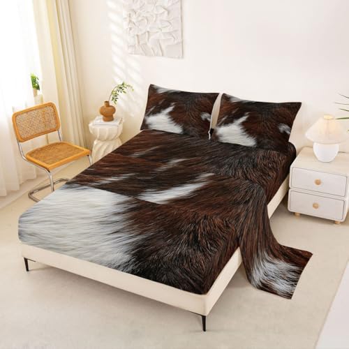 Homemissing Juego de sábanas de cuero vacuno, tamaño individual, con estampado de vaca, sábana bajera ajustable de bolsillo profundo, juego de ropa de cama suave de granja occidental, 3 piezas con 1