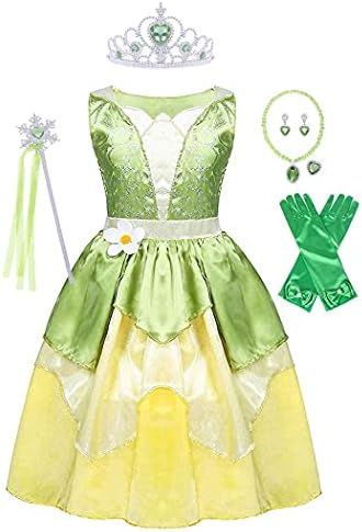 WonderBabe Girls Tiana Princess Costume Classic Fairy Tale Halloween Adventure Dress up Dress Fancy Cosplay Party Birthday Dress Kids Christmas Green Fairy Clothes Outfits Size Age 7-8 Years