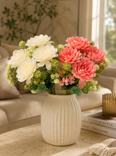 Image of Divyakosh Artificial Flower Bunch Set of 2 (Vase Not Included) | White + Coral Peach| 8 Large Flowers, 8 Filler Stems | 35 cm Decorative Artificial Flowers for Home, Living Room & Table Decor