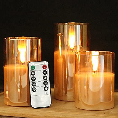 Genswin Flameless Led Candles Flickering Battery Operated With Remote, Real Wax 3D Wick Moving Pillar Candles With Timer Remote Glass Effect For Festival Wedding Christmas Home Decor(Gold) #TOP4