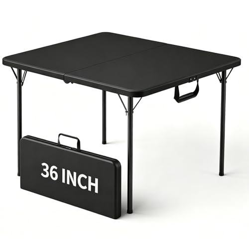FurniEdge 36" Square Folding Table, Portable Card Table with Built-in Handle, Heavy Duty Foldable Table No Assembly, for Camping, Picnic, BBQ, Party, Indoor Outdoor Use, Black