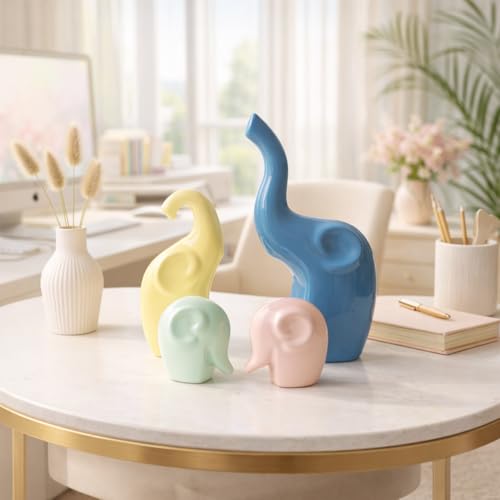 Image of Xtore Ceramic Home Decor 4 Elephant Family Figurine with Piano Gloss Finish | Pastel Color | for Home /Office /Living Room /Kitchen /Gifting - (Set of 4, Multicolor)