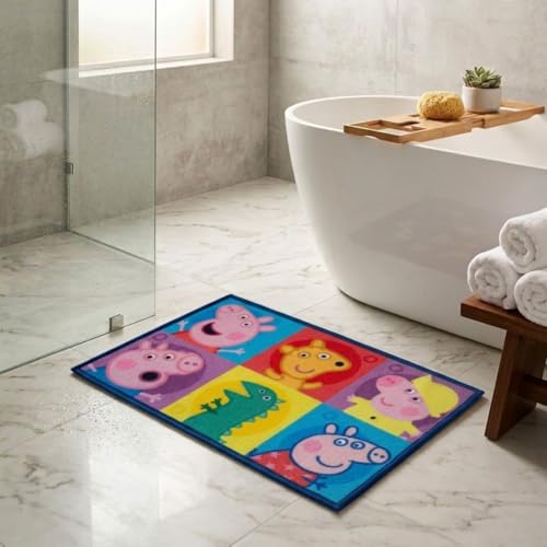 Image of Athom Living Peppa Pig Kids Bathmat - Multi-Colour Nylon, Anti-Skid with Durable Latex Backing, Fun Superhero Design, Easy to Clean, Perfect Entryway or Playroom Mat, 37x57 cm, Pack of 1
