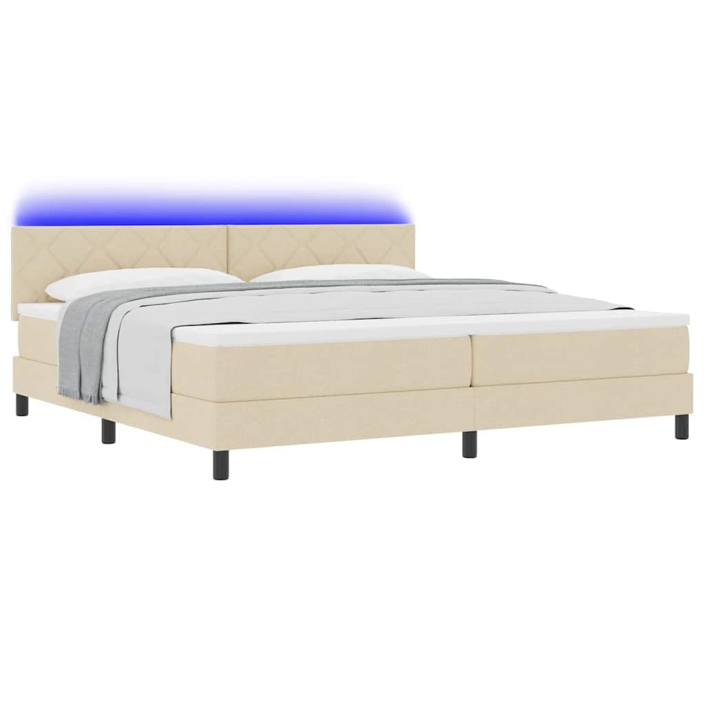 Cama con somier con cabecero y cojín color crema 200 x 200 cm de tela tapizada con colchón y tiras LED cabecero ajustable para comodidad en el dormitorio y diseño moderno